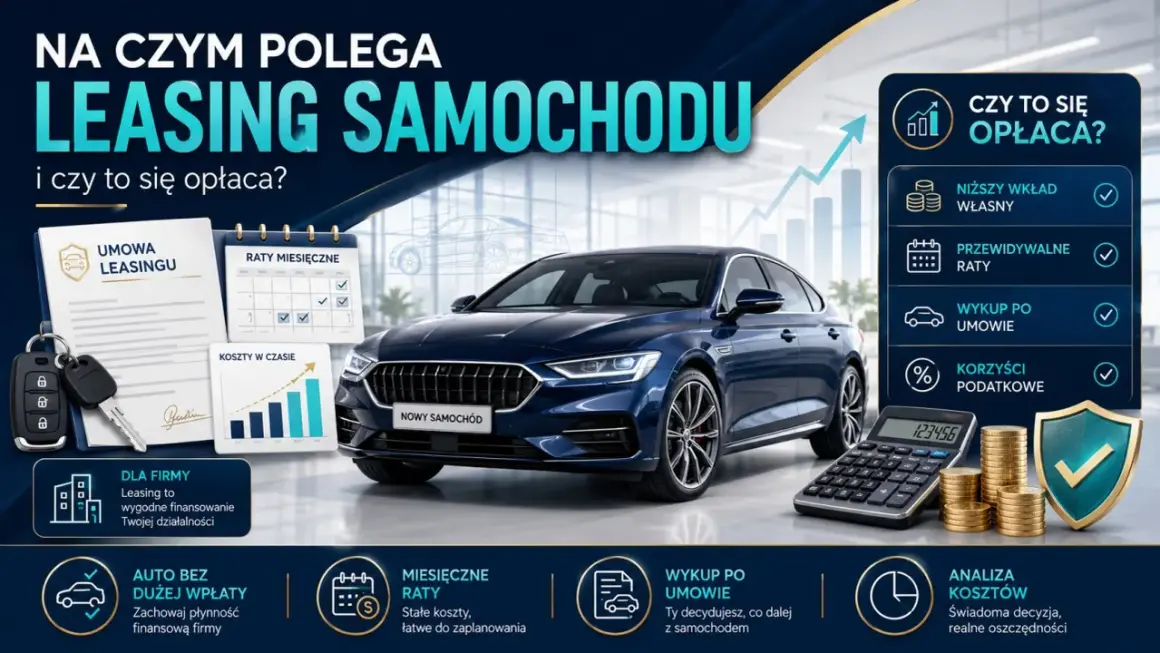 Leasing samochodu: umowa, kluczyki, kalendarz rat, kalkulator i monety. Opcja wykup po umowie.