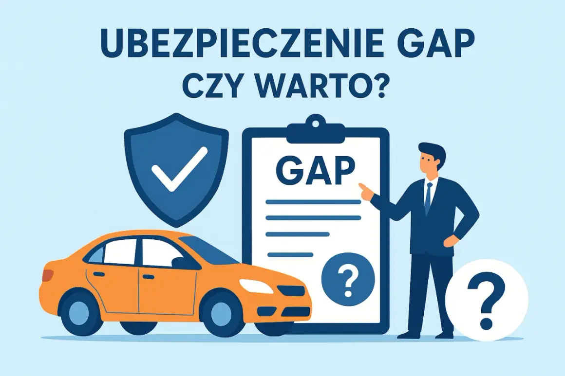 Ubezpieczenie GAP: czy warto? Pomarańczowy samochód, tarcza z haczykiem, dokument z napisem GAP i mężczyzna wskazujący na niego.