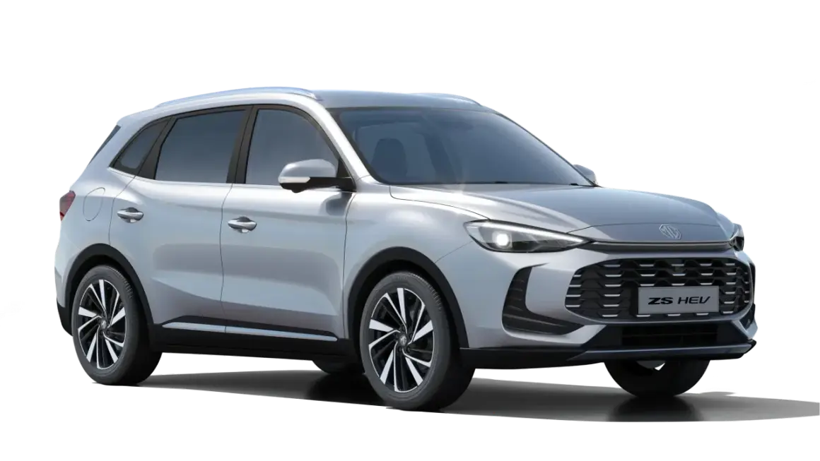 Srebrny MG ZS HEV, idealny do leasingu na ile lat. Nowoczesny design i hybrydowy napęd.