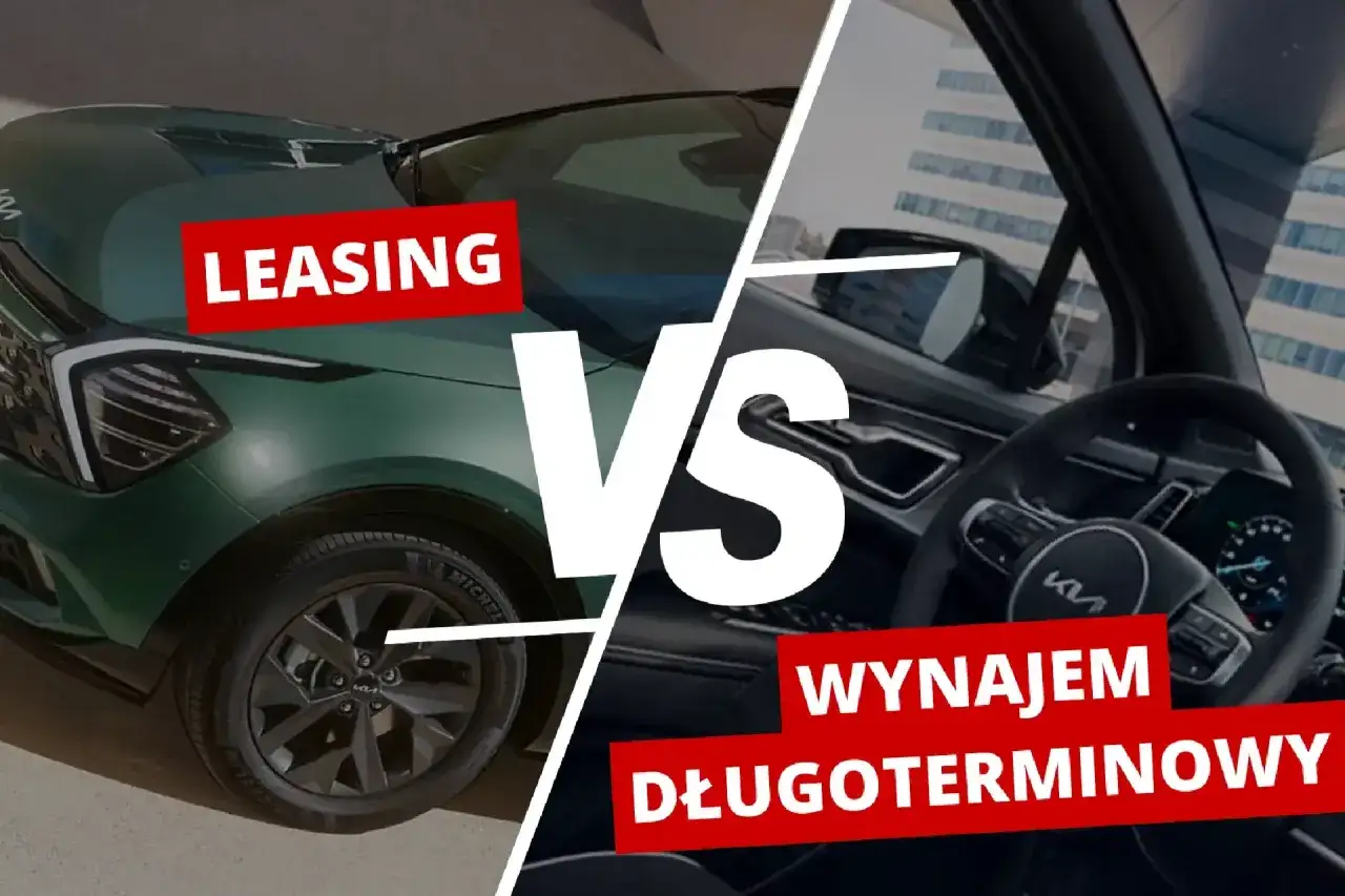 Zielony samochód z napisem LEASING po lewej, wnętrze auta z kierownicą po prawej. Porównanie: ryczałt a leasing.