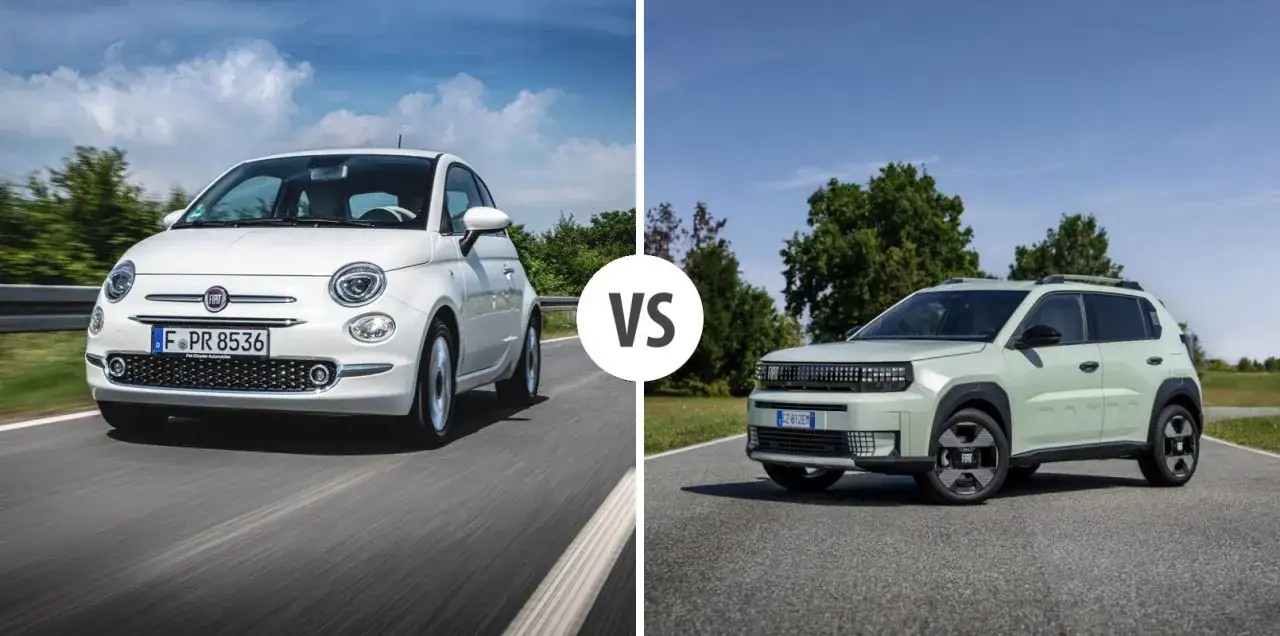 Porównanie dwóch modeli Fiat: klasycznego Fiata 500 i nowego, zielonego Fiata SUV.