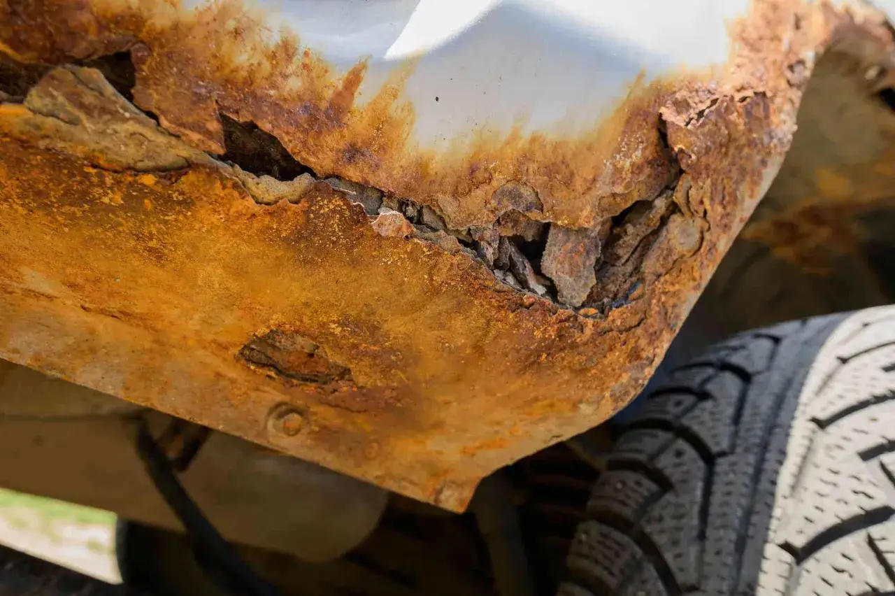 Widoczna rozległa rdza na samochodzie, która niszczy metalowe elementy. Widać oponę i fragment podwozia.