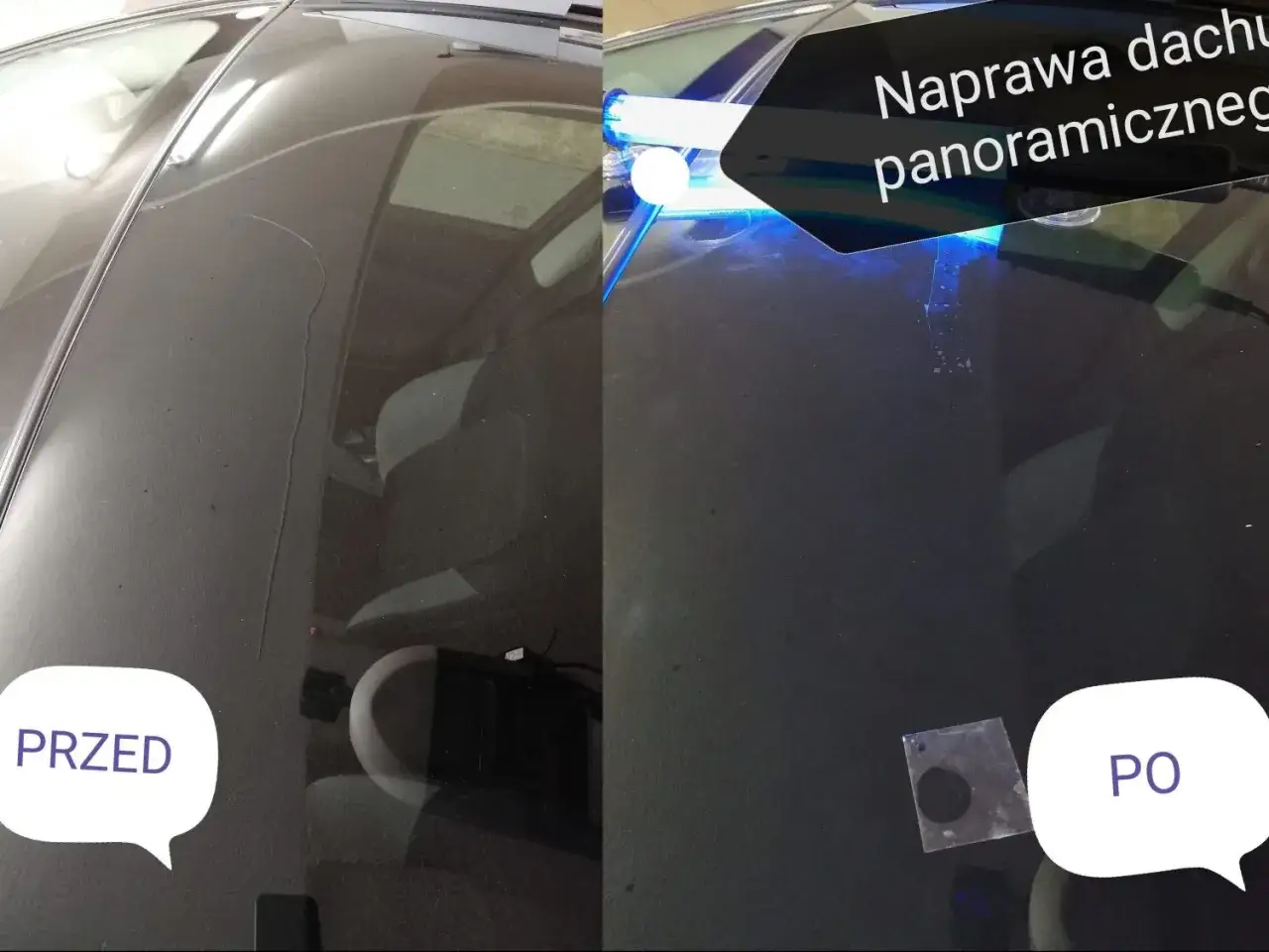 Przed i po naprawie pękniętej szyby w panoramicznym dachu auta.