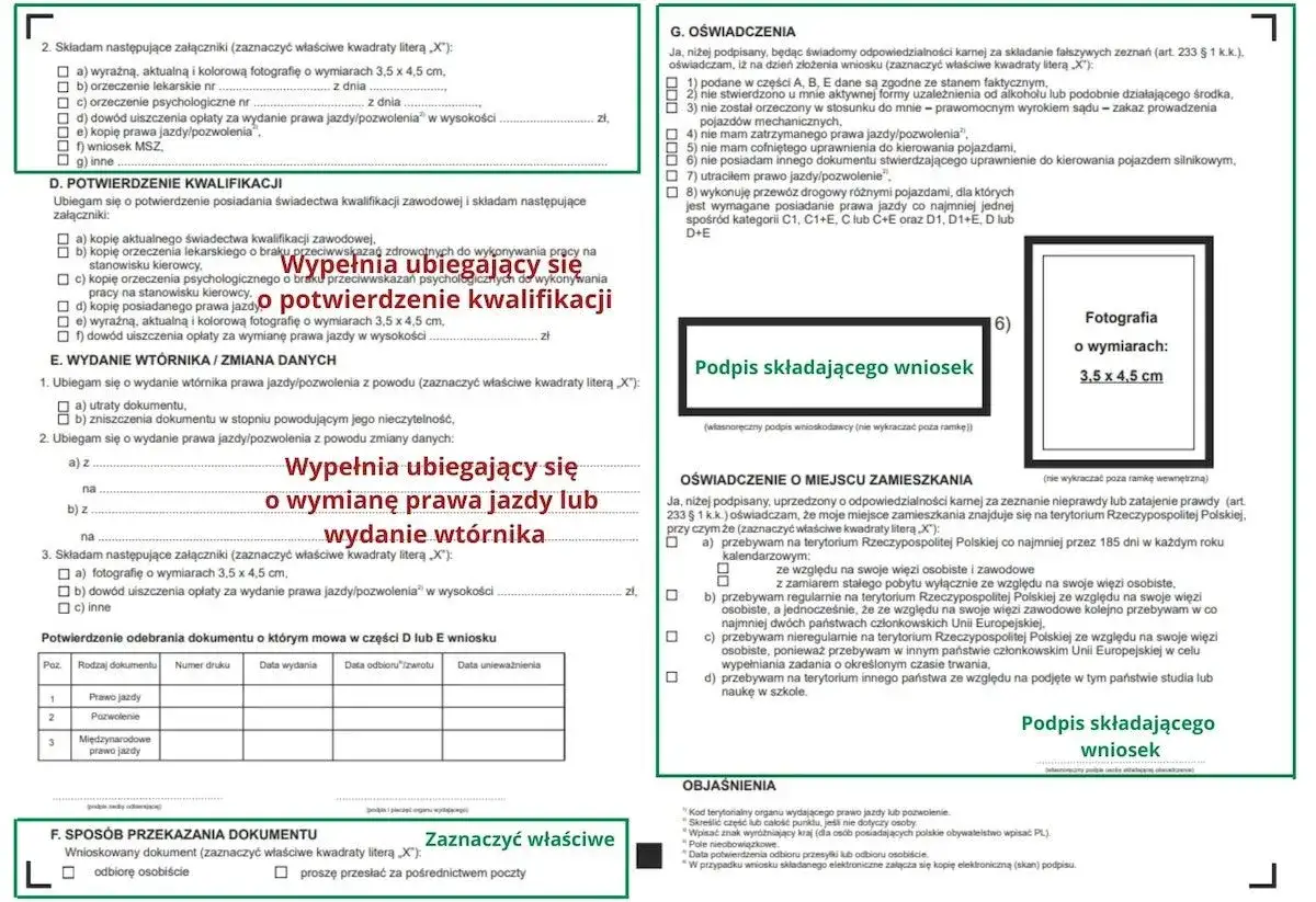 Formularz wniosku o wydanie prawa jazdy, z miejscem na zdjęcie 3,5 x 4,5 cm i polem na kod na okulary prawo jazdy.