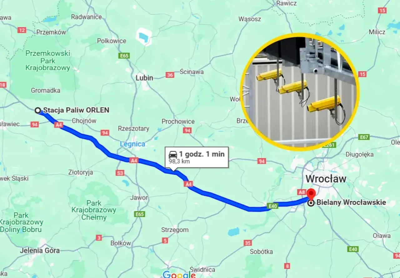 Mapa sieci autostrad w Polsce z zaznaczoną trasą i fotoradarami.