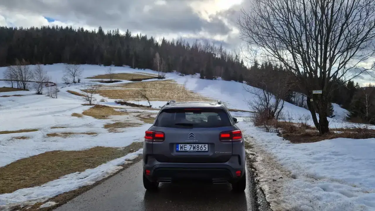 Szary Citroën C5 Aircross na drodze wśród ośnieżonych pól i lasu. Dobra wartość rezydualna tego modelu to atut dla kupujących.
