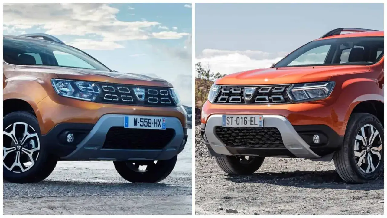 Dwa pomarańczowe Dacia Duster, każdy z innym grillem i zderzakiem, prezentują ewolucję tego popularnego SUV-a w swoim segmencie.