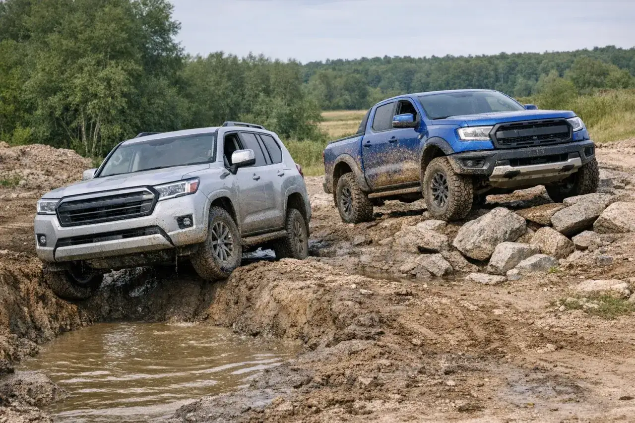 Srebrny SUV i niebieski pickup pokonują błotniste przeszkody. Te terenowe 4x4 radzą sobie z wyzwaniami.