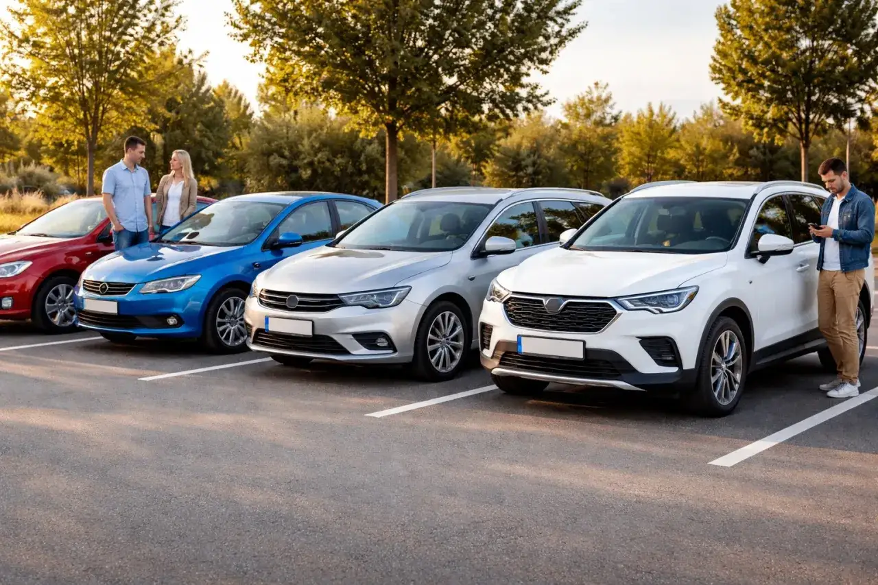 Para ludzi wybierających małe auta na parkingu. Stoją obok czerwonego, niebieskiego, srebrnego i białego samochodu.