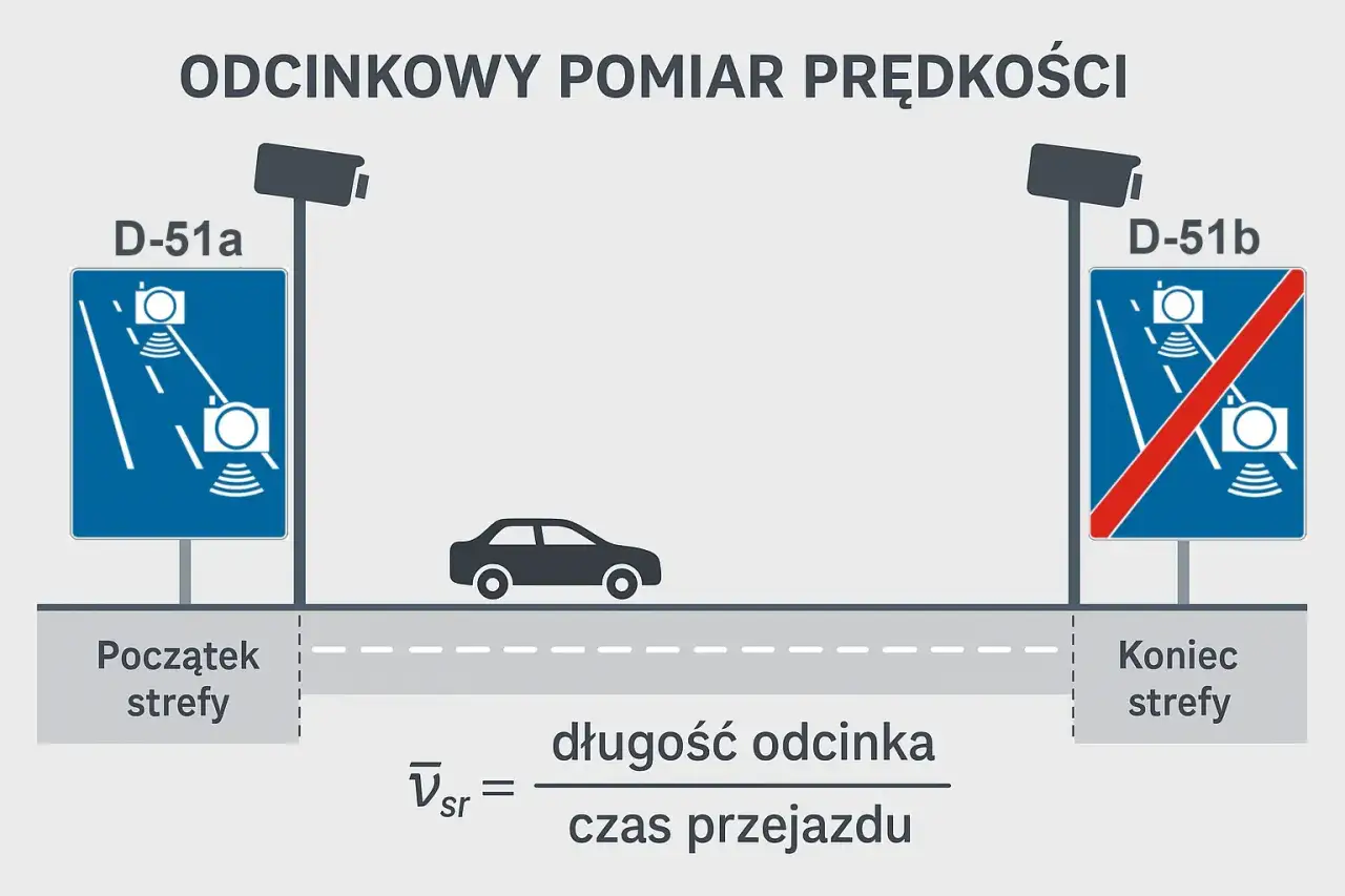 Schemat odcinkowy pomiar prędkości S7: znak początku strefy z kamerami, samochód, znak końca strefy i wzór na prędkość średnią.