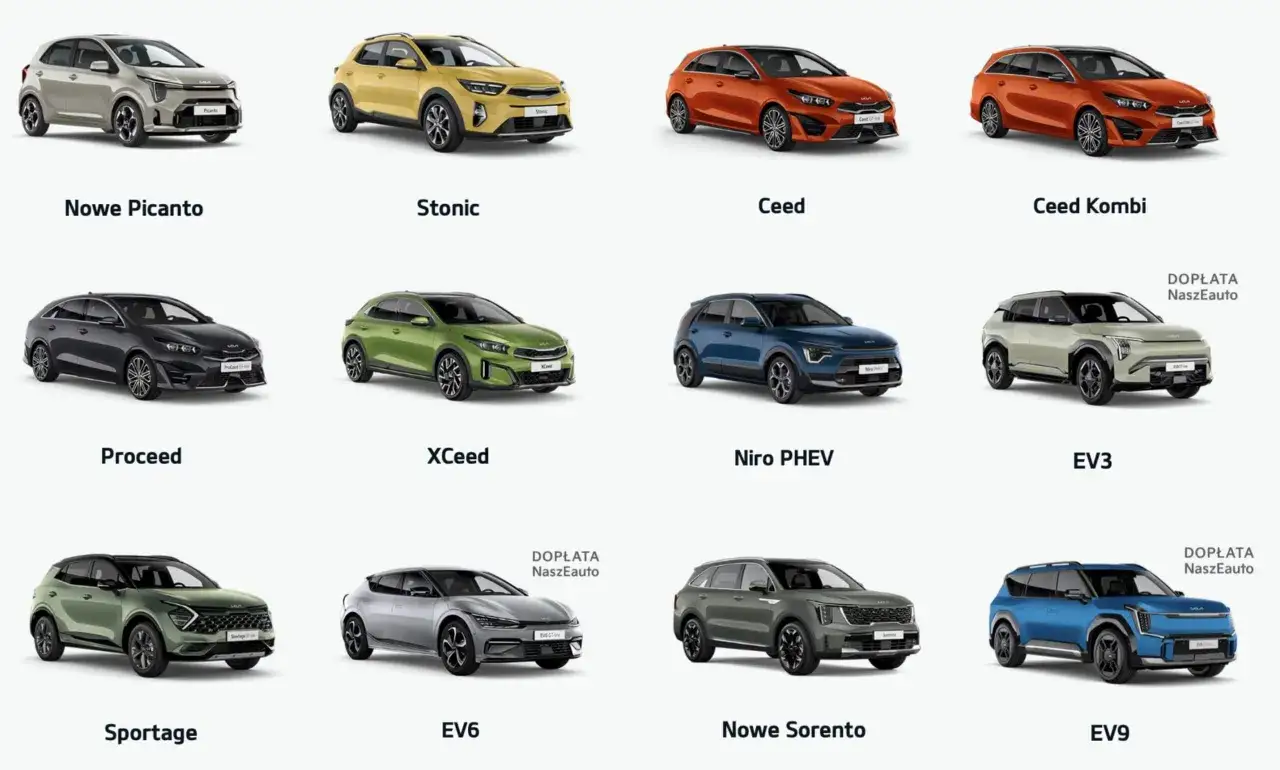 Kolekcja samochodów Kia: Nowe Picanto, Stonic, Ceed, Ceed Kombi, Proceed, XCeed, Niro PHEV, EV3, Sportage, EV6, Nowe Sorento, EV9. Segment b to np. Picanto.