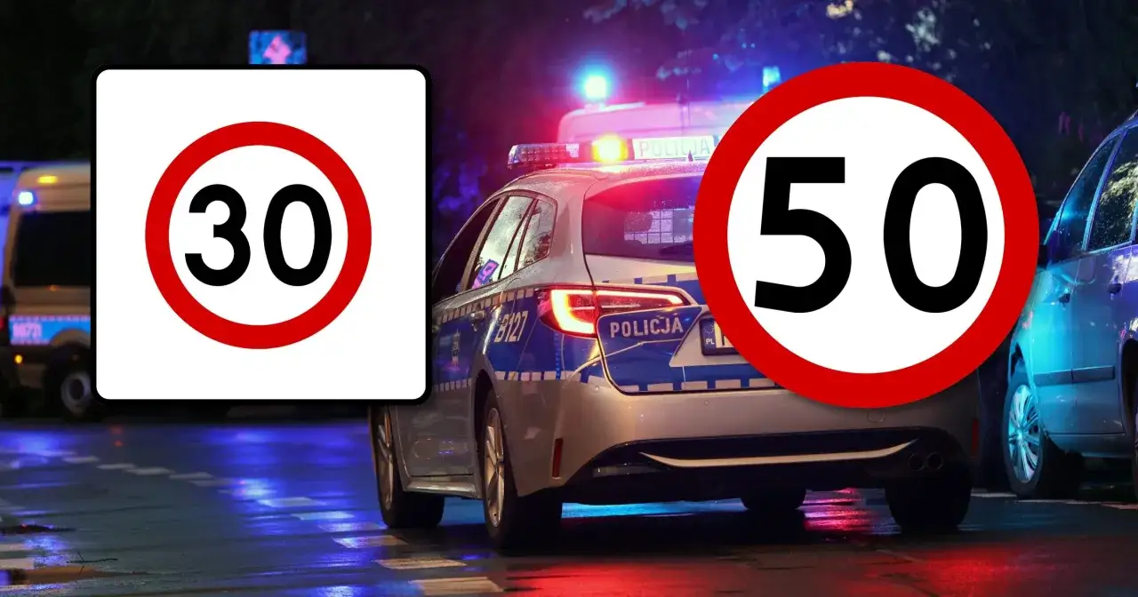 Policja ściga piratów drogowych. Znaki ograniczające prędkość do 30 i 50 km/h na tle radiowozów z włączonymi sygnałami świetlnymi.