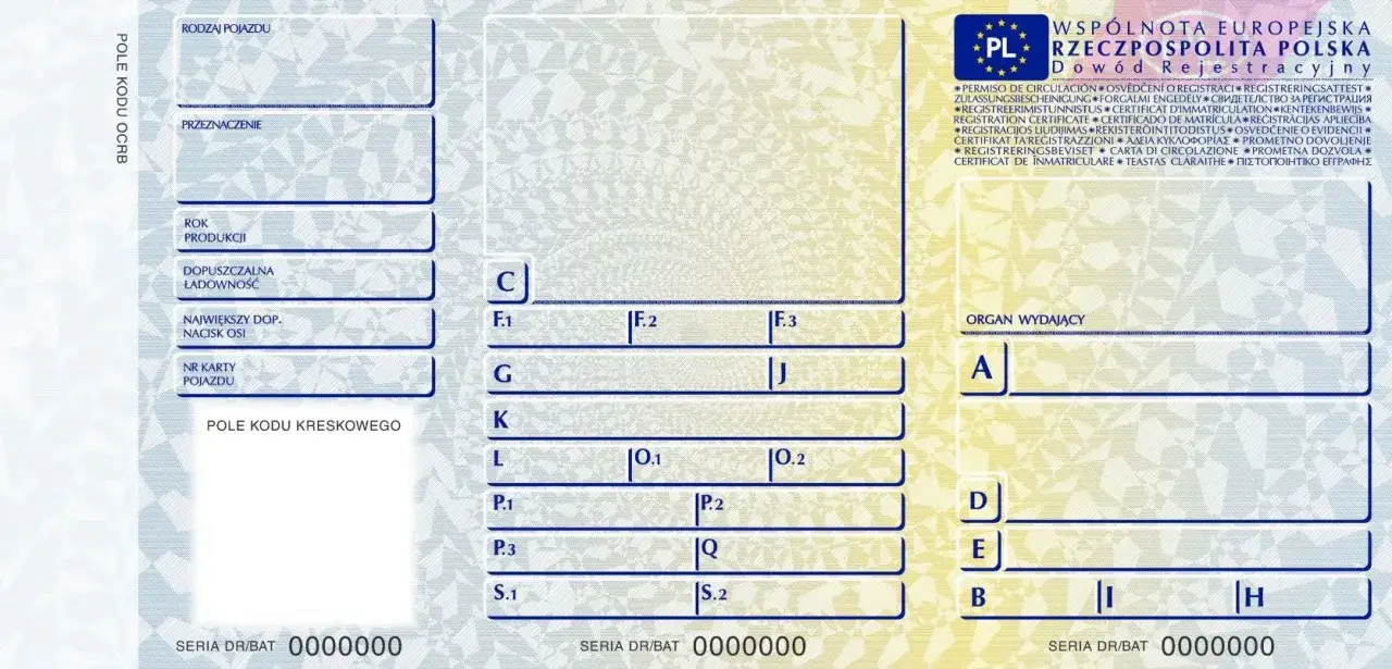Dokument pojazdu z polami do wpisania danych, w tym numeru VIN, ułatwiającego ustalenie części po nr vin.
