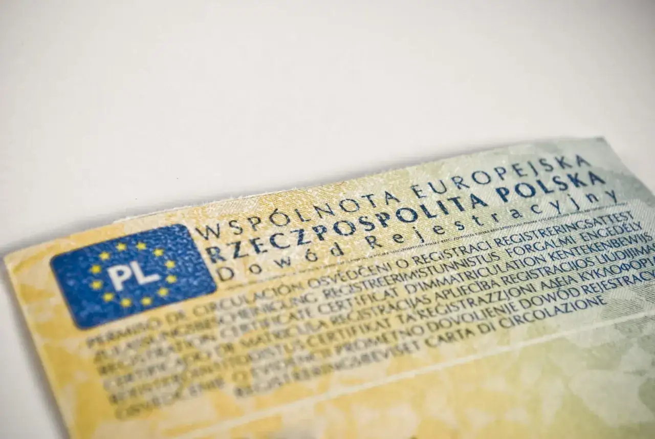 Fragment dowodu rejestracyjnego z flagą PL. Dokument zawiera wielojęzyczne teksty, w tym polskie