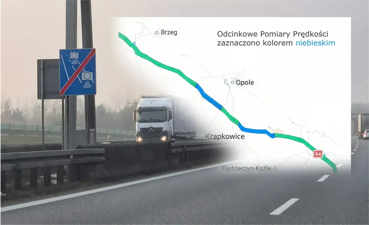 Znak końca odcinkowego pomiaru prędkości na A4. Na mapie zaznaczono niebieskim kolorem odcinek z kontrolą.