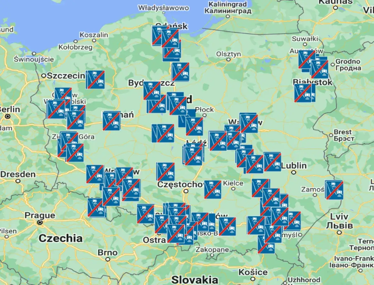 Mapa Polski z zaznaczonymi punktami odcinkowy pomiar prędkości a2.