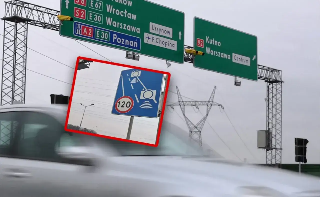 Znak odcinkowy pomiar prędkości informuje o limicie 120 km/h. Pamiętaj o tolerancji!