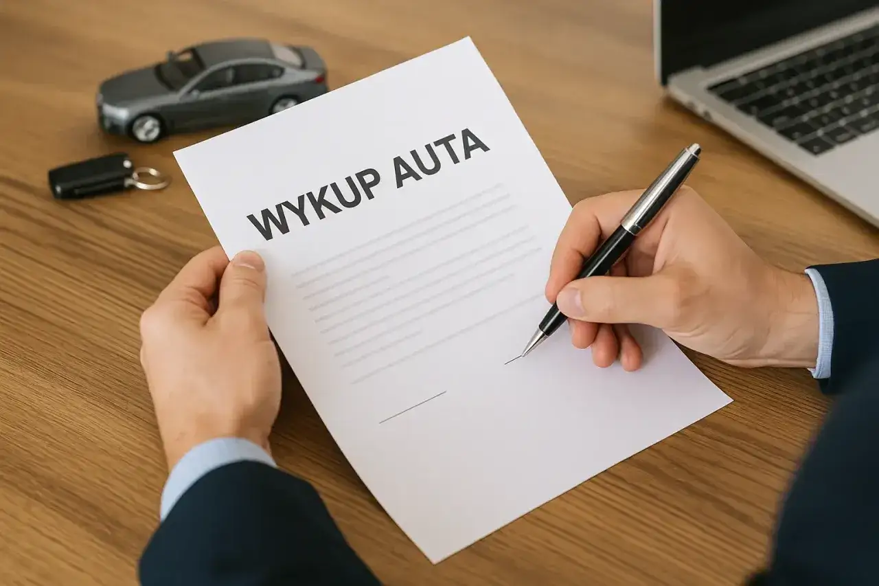 Podpisanie dokumentu wykup auta z leasingu. Na biurku model samochodu, kluczyki i laptop.