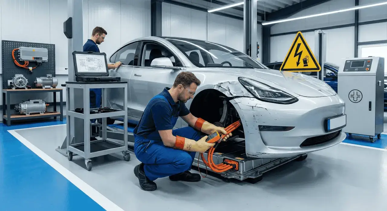 Mechanik w okularach ochronnych i rękawicach pracuje przy samochodzie elektrycznym, sprawdzając okablowanie. W tle widać sprzęt do serwisu samochodów elektrycznych.