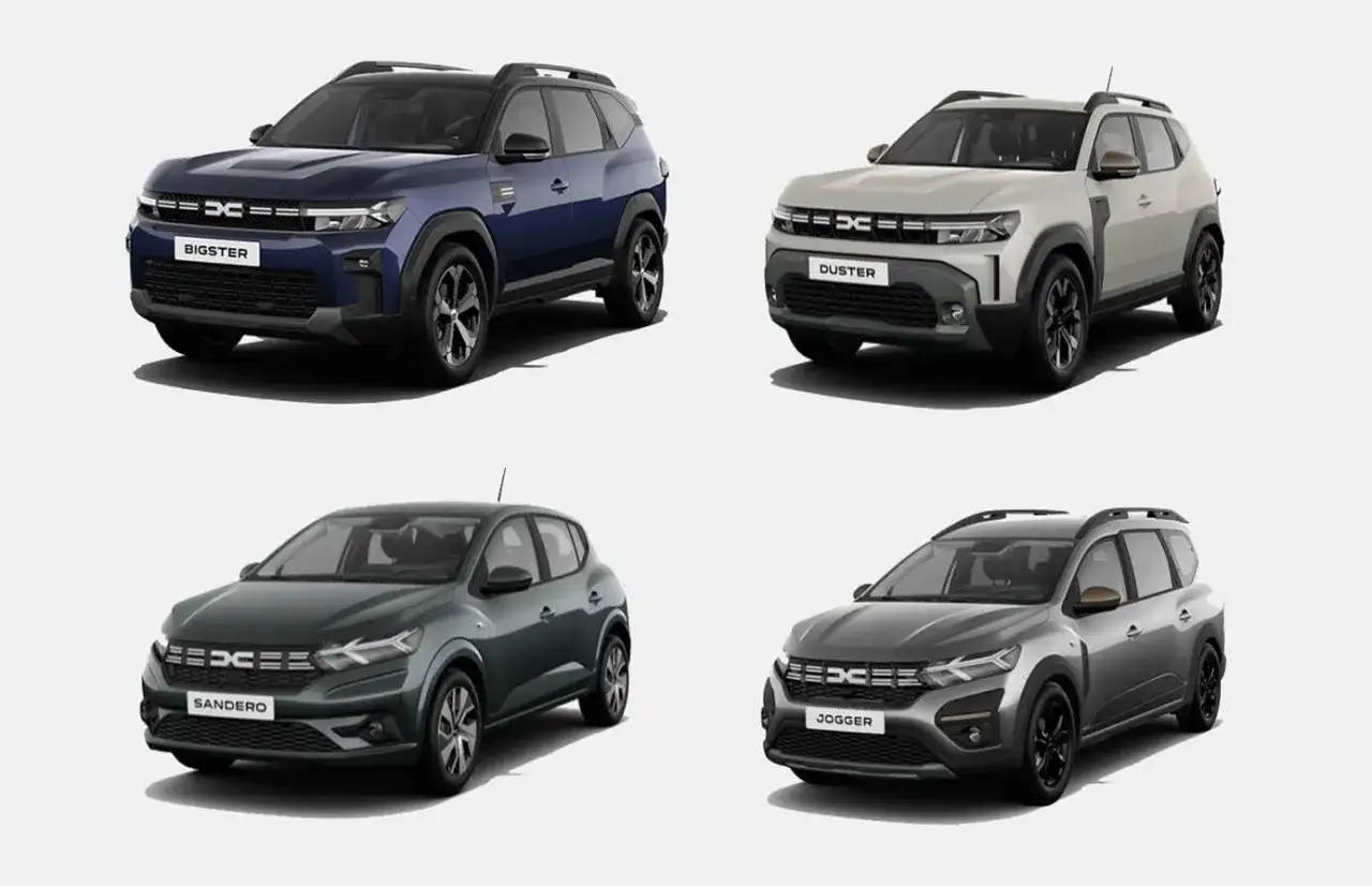 Cztery modele Dacii: Bigster, Duster, Sandero i Jogger, prezentujące segment SUV i crossover.