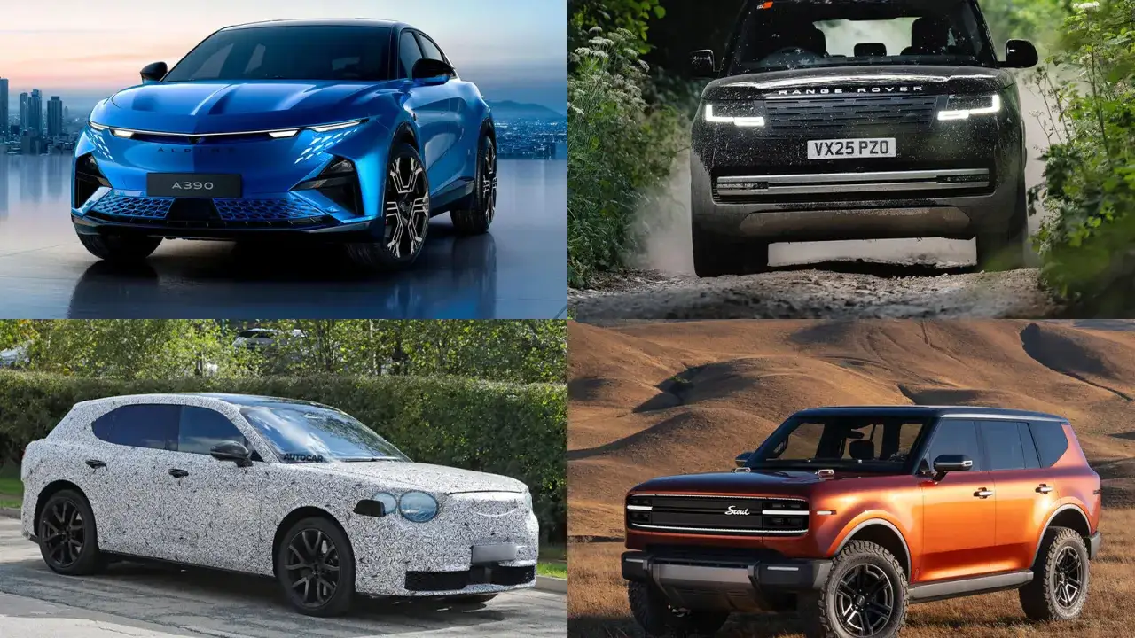 Kompilacja SUV-ów: niebieski Alpine A390, czarny Range Rover w terenie, prototyp w kamuflażu i pomarańczowy Scout. Wiele z nich to przyszłe modele SUV elektryczny 4x4.