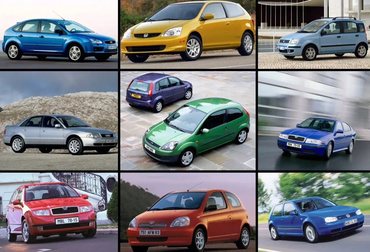 Kompilacja aut miejskich i kompaktowych, idealnych jako auta tanie w utrzymaniu. Widoczne m.in. Ford Focus, Honda Civic, Fiat Panda, Skoda Octavia.