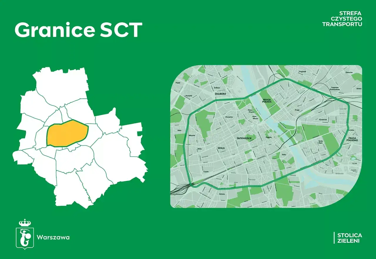 Mapa Warszawy z zaznaczoną żółtym kolorem centralną częścią Strefy Czystego Transportu.