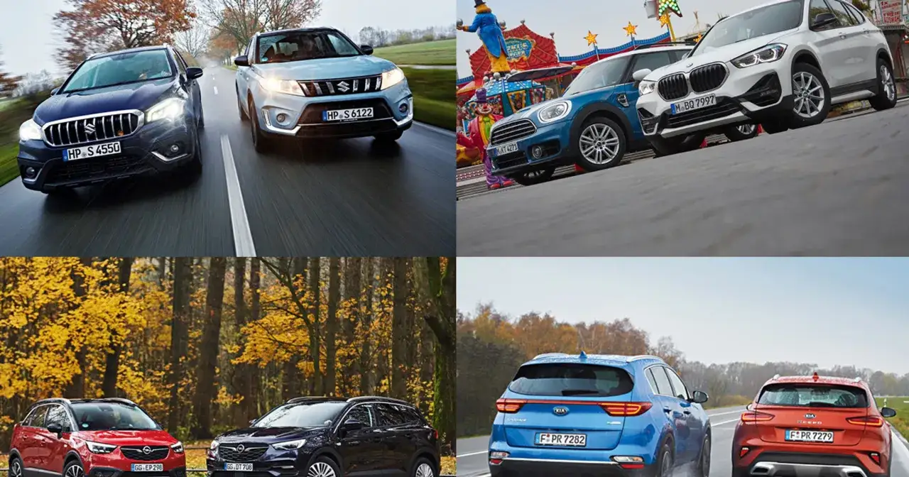 Kompilacja SUV-ów i crossoverów: Suzuki, Mini, BMW, Opel i Kia na drodze i przy wesołym miasteczku.