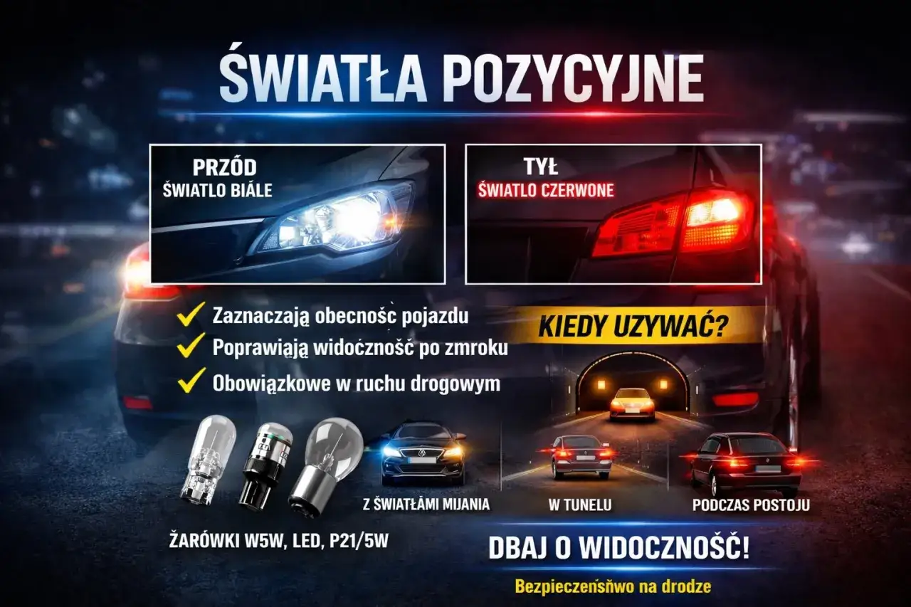 Światła pozycyjne: białe z przodu, czerwone z tyłu. Używaj ich, gdy chcesz zaznaczyć obecność pojazdu, poprawić widoczność po zmroku, w tunelu lub podczas postoju.
