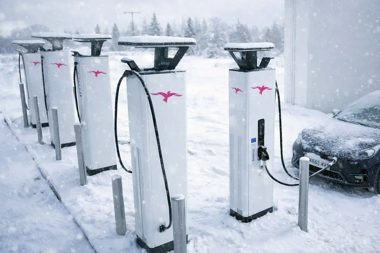 Ładowarki samochodów elektrycznych w śniegu. Wady samochodów elektrycznych zimą to wolniejsze ładowanie i krótszy zasięg.