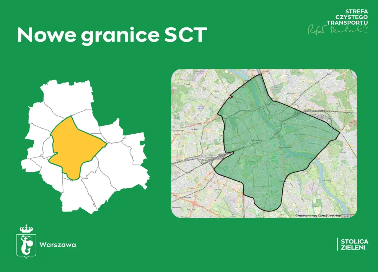 Mapa Warszawy z zaznaczoną żółtym kolorem nową zieloną strefą SCT.