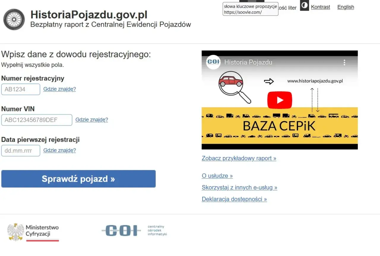 Strona HistoriaPojazdu.gov.pl pozwala sprawdzić przebieg w samochodzie, wpisując numer rejestracyjny, VIN i datę pierwszej rejestracji.