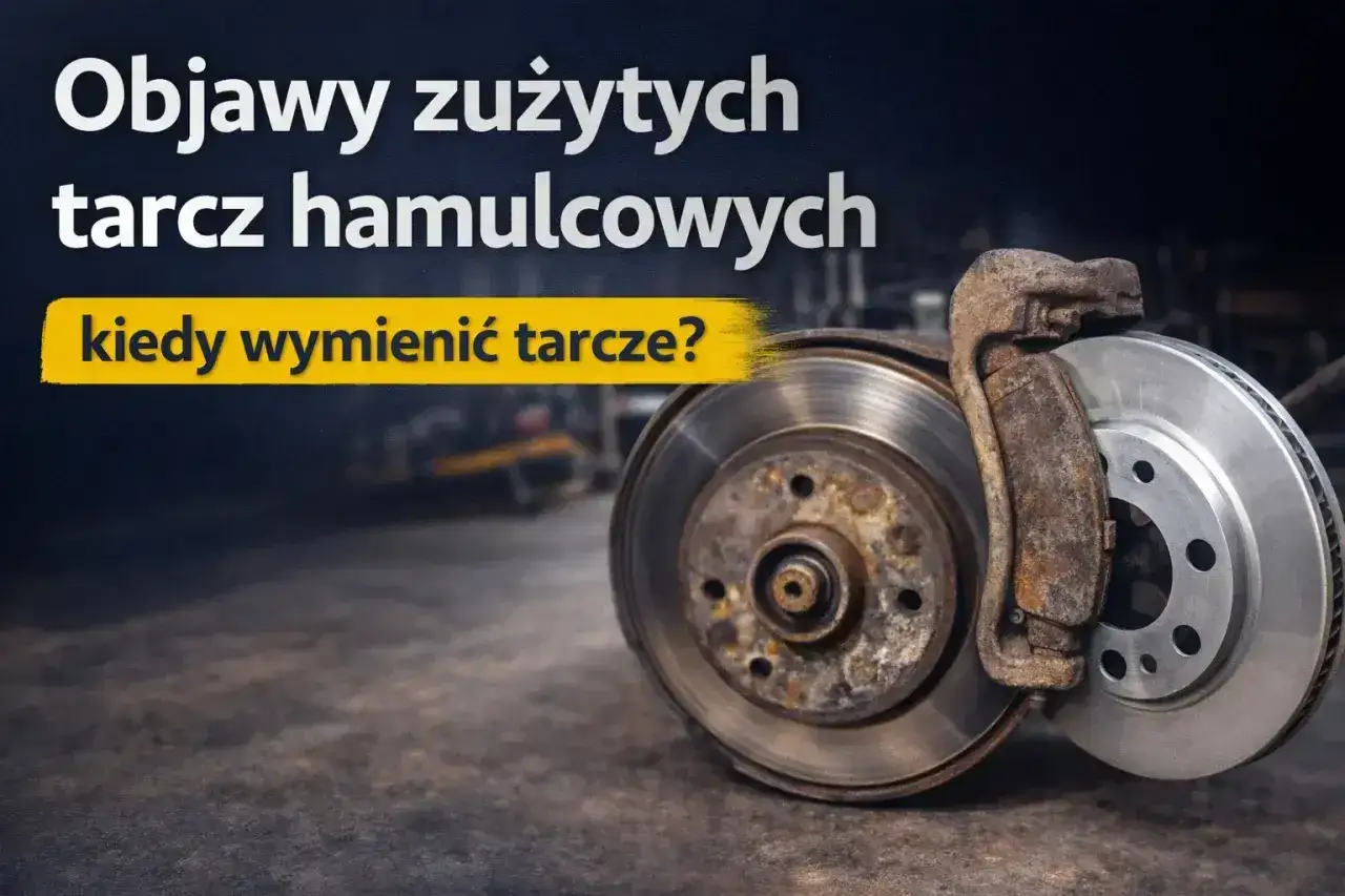Zużyte tarcze hamulcowe z widocznym zaciskiem. Sprawdź, kiedy wymienić tarcze, gdy zbliżają się do minimalnej grubości.