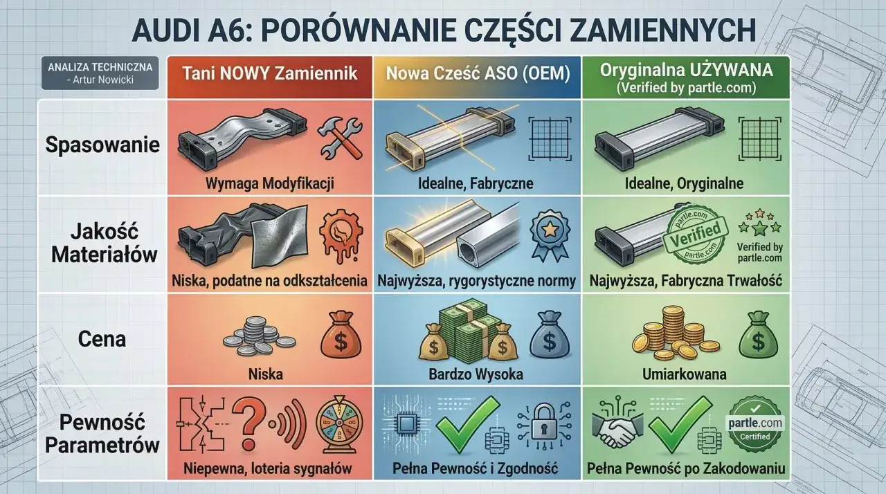 Porównanie części Audi A6: tanie zamienniki (wymagają modyfikacji, niska jakość, niska cena, niepewne parametry) vs. nowa część ASO (OEM) (idealna, najwyższa jakość, bardzo wysoka cena, pełna pewność) vs. używana oryginalna (idealna, najwyższa trwałość...