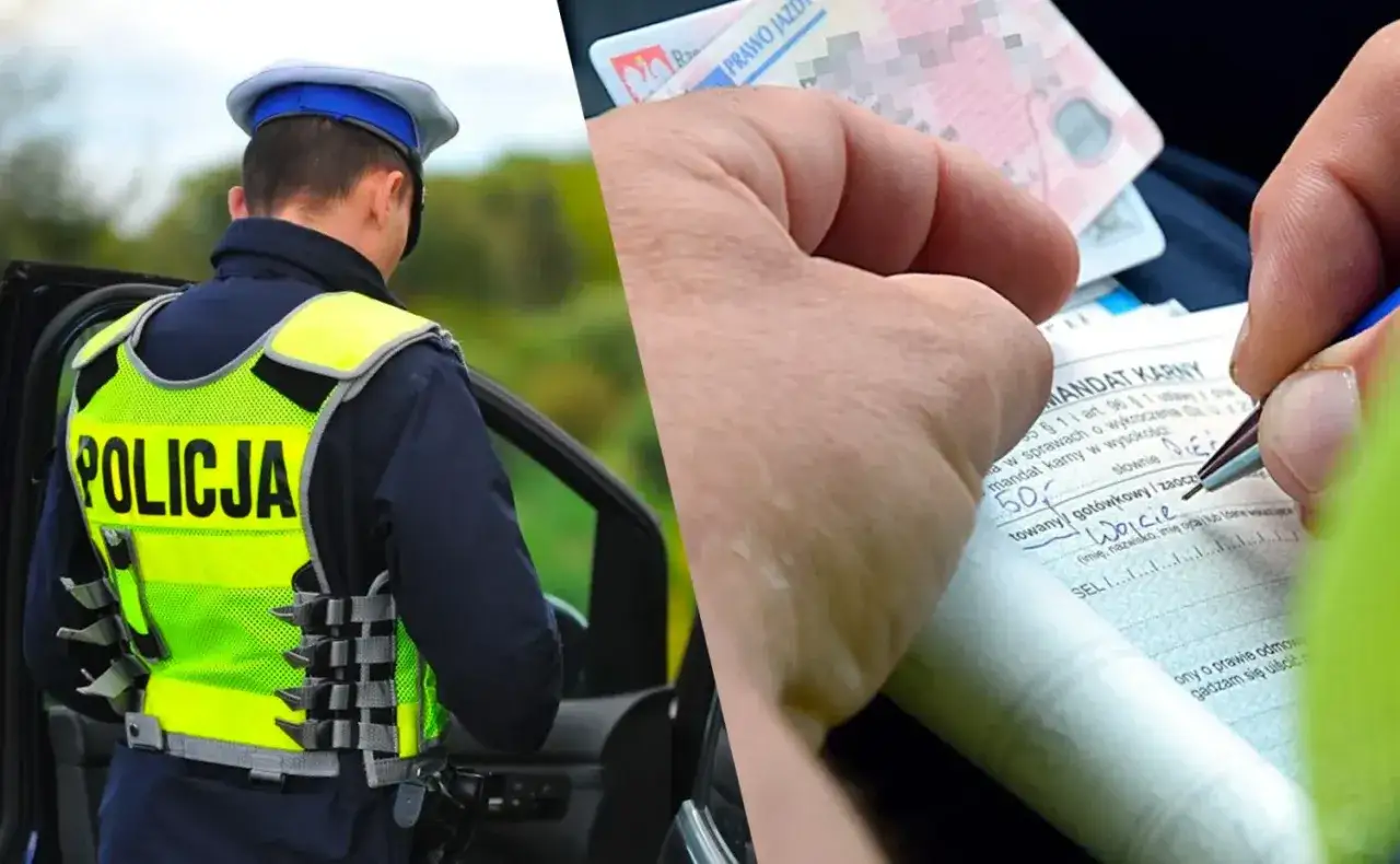 Policjant w kamizelce odblaskowej i ręka pisząca mandat. Czy można zrobić przegląd samochodu przed terminem?
