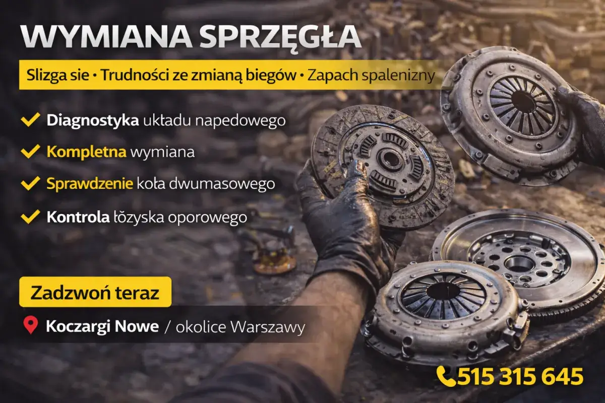 Zepsute sprzęgło objawy: ślizganie, trudności ze zmianą biegów, zapach spalenizny. Diagnostyka i wymiana w Koczarach Nowych.