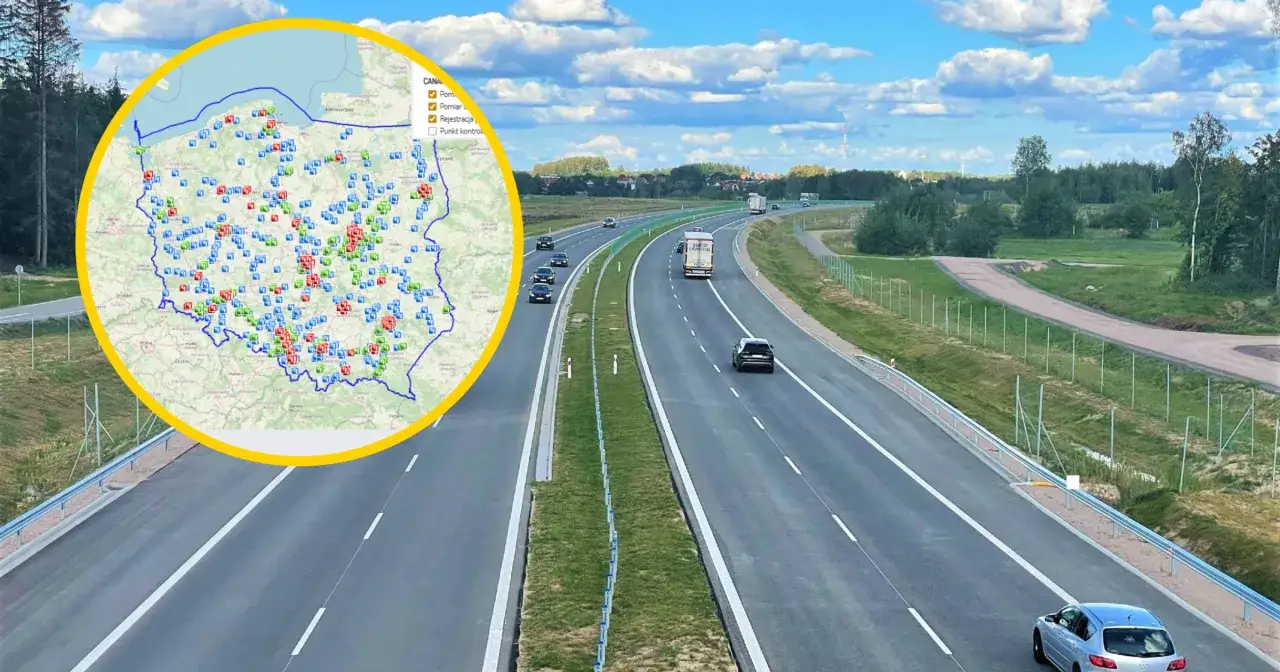 Mapa Polski z zaznaczonymi fotoradarami S8 i innymi punktami kontrolnymi. Droga szybkiego ruchu z samochodami w tle.