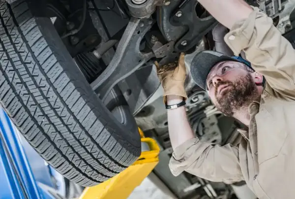 Mechanik w okularach ochronnych wykonuje sprawdzenie zawieszenia na stacji diagnostycznej. Widać jego rękę w rękawicy, która dotyka elementów podwozia.