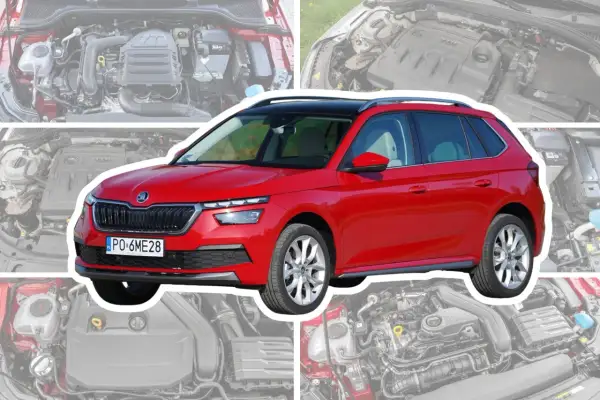 Czerwona Skoda Kamiq na tle silników. Test SUV-a z silnikiem TSI.