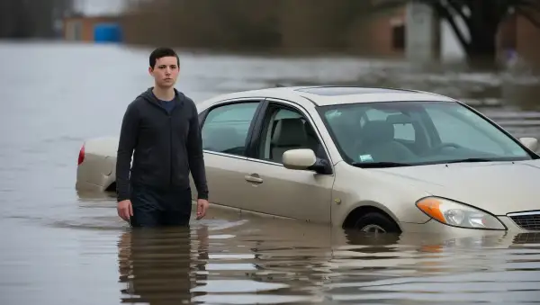 Młody mężczyzna stoi w wodzie obok swojego beżowego sedana. Niestety, kupiłem auto po powodzi, a teraz stoi ono zanurzone po drzwi.