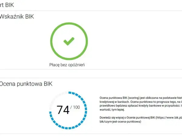 Jak sprawdzić siebie w BIK? Widoczny wskaźnik BIK z zielonym zaznaczeniem i ocena punktowa 74/100.