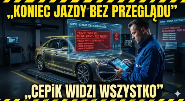 Mechanik sprawdza auto na stacji diagnostycznej. Na ekranie widnieje komunikat o negatywnym statusie przeglądu i wykrytych wadach, co może skutkować konfiskatą samochodu.
