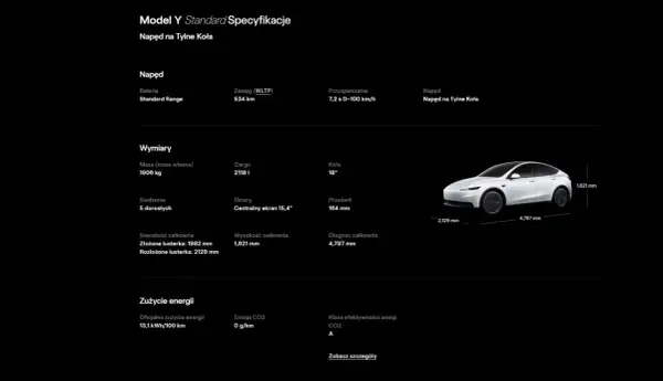 Tesla Model Y Standard Range: wymiary 4797 mm długości, 1621 mm wysokości, 2129 mm szerokości z lusterkami.