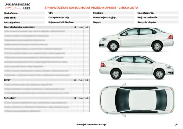 Checklista co trzeba zrobić po zakupie auta: sprawdzenie blacharki, szyb, reflektorów. Biały samochód z różnych perspektyw.