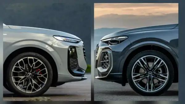 Porównanie przednich części dwóch Audi Q5 różnych generacji. Jasnoszary i ciemnoszary SUV z charakterystycznymi detalami.