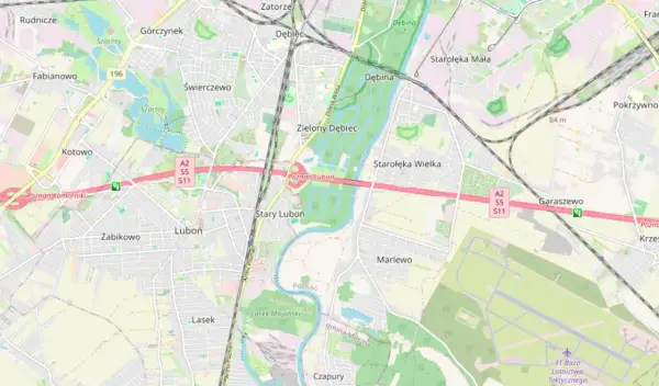 Mapa okolic Poznania z zaznaczonym odcinkowym pomiarem prędkości na A2. Widoczne Luboń, Świerczewo, Garaszewo.