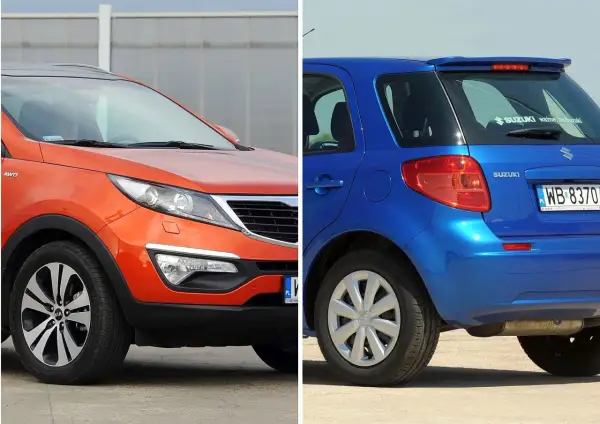 Pomarańczowy Kia Sportage i niebieski Suzuki SX4 - dwa modele, które często pojawiają się w rankingach najmniej awaryjne samochody.