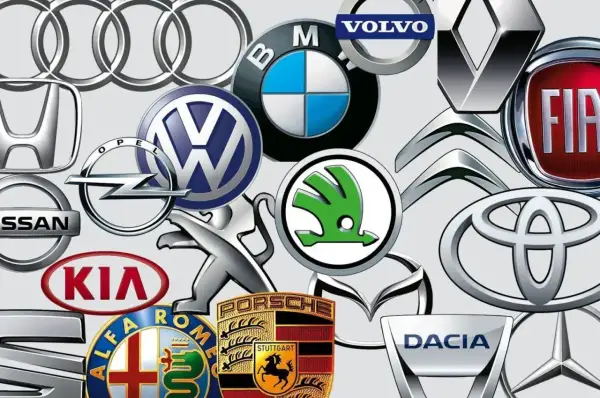 Kolekcja logotypów samochodowych: Audi, BMW, Volvo, Renault, Fiat, Citroen, Toyota, Skoda, Mazda, Dacia, Seat, Kia, Peugeot, Opel, Honda, Nissan, Alfa Romeo, Porsche. Szukasz, jakie marki mają najtańsze części?