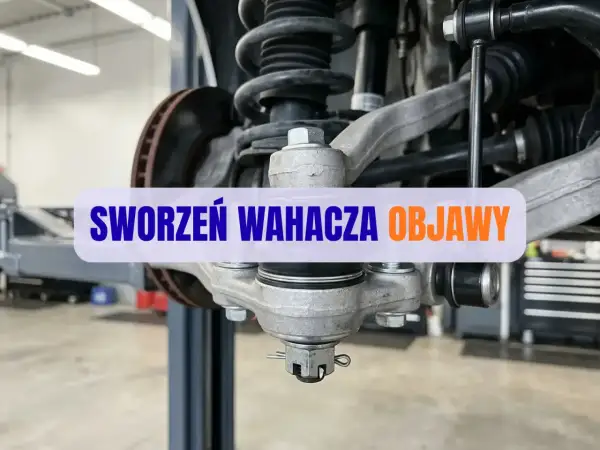 Widok na element zawieszenia samochodu. Napis "SWORZEŃ WAHACZA OBJAWY" sugeruje problemy z tym podzespołem.