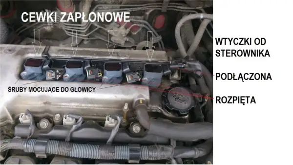 Uszkodzona cewka zapłonowa a LPG. Widoczne cewki zapłonowe silnika, ich mocowania i wtyczki od sterownika.